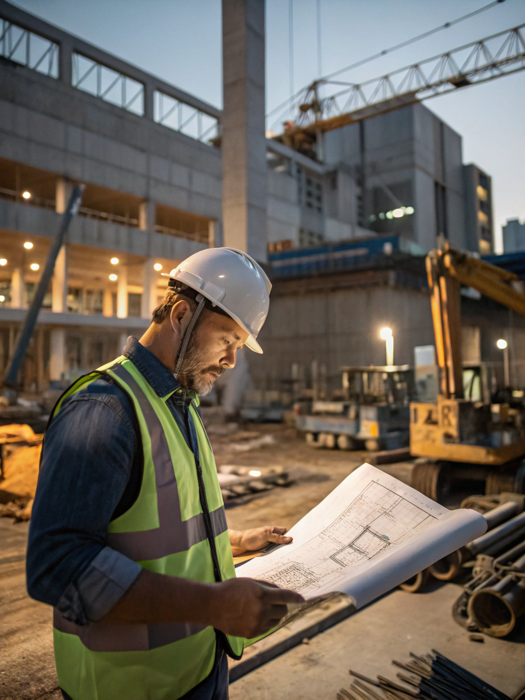 مهندس يراجع مخططات الجودة في موقع العمل